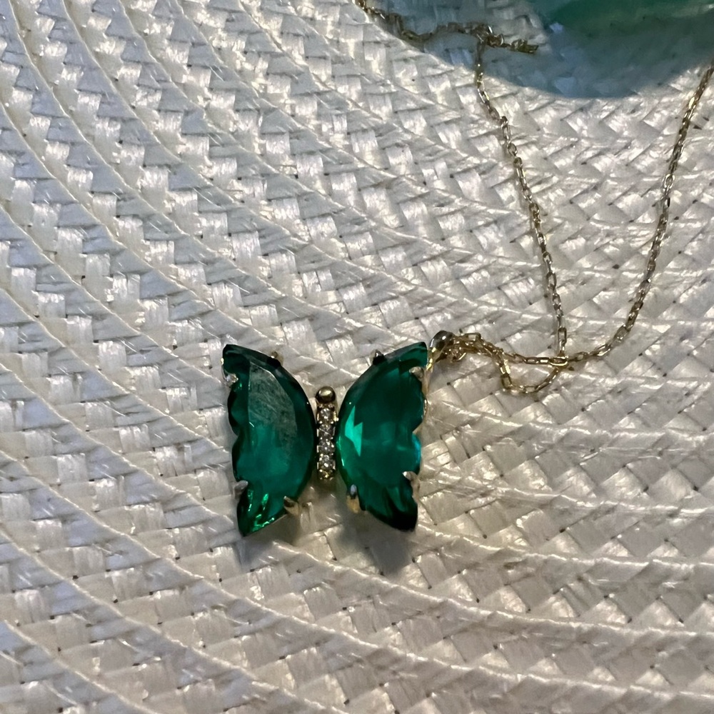 GF over .925 Sterling Emerald Green Crystal Butterfly Pendant Necklace